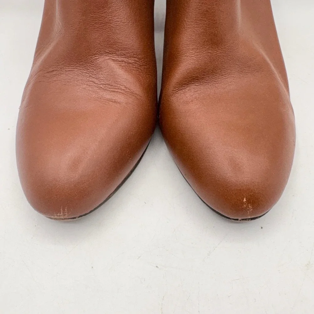 Isola Tan Leather Studded Ankle Booties Gold Hexagon Studs Block Heel Cognac 9.5